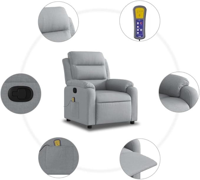 vidaXL Light Gray Massage Recliner Chair - Fabric Armchair with Manual Recline Vibration Massage Side Pocket and Sturdy Frame for Elderly/Living Room