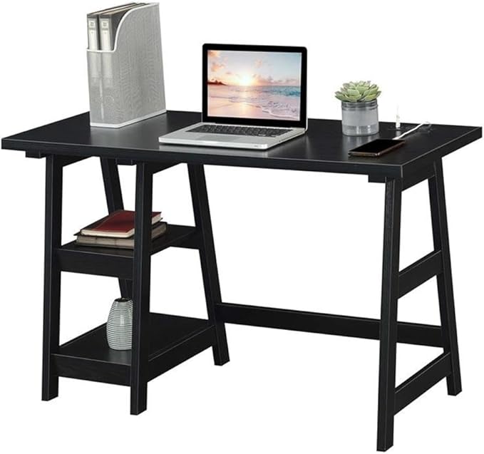 Pemberly Row Trestle Desk with Charging Station Black Wood Finish 47 in x 20 in x 29.25 in 2 Fixed Shelves USB Ports Power Outlets Modern Home Office Desk for Workspace or Study