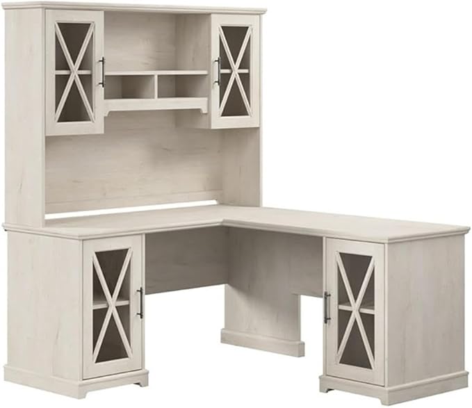 BOWERY HILL Engineered Wood L-Shaped Desk with Hutch Linen White Oak Finish 72 in H x 59 in W x 65 in D Adjustable Shelves with Tempered Glass Cabinets Farmhouse Style Home Office Desk