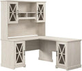 Bush Furniture Lennox 60W Farmhouse L Shaped Desk with Hutch and Storage Cabinets in Linen White Oak | Corner Computer Table for Home Office
