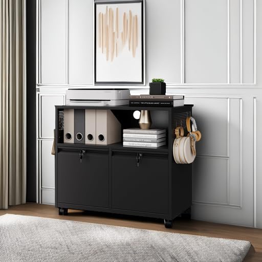 Letaya Mobile 2 Drawer File Cabinet with Lock Metal Lateral Printer Stand Filing Storage Cabinets with Shelves for Home Office-A4/F4/Letter (Black)