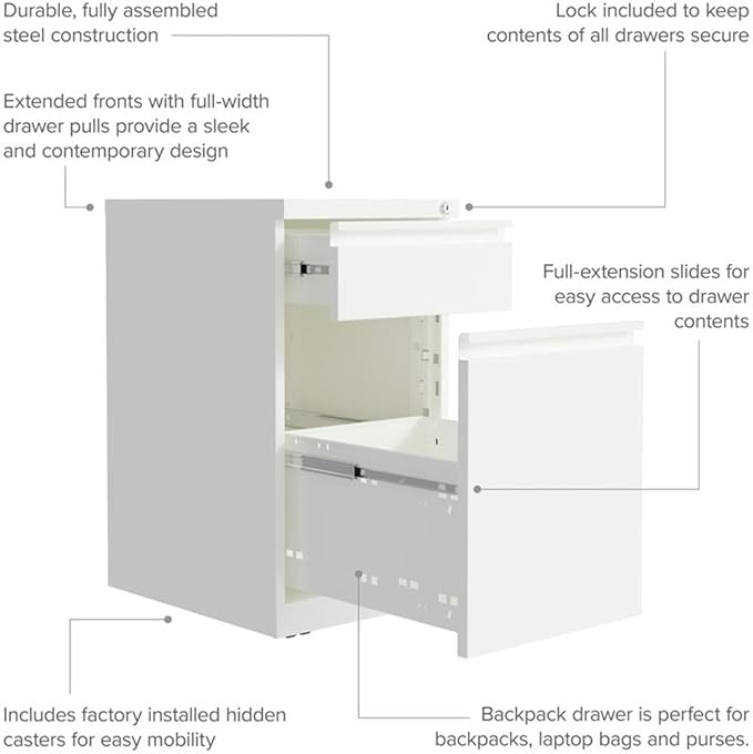 Pemberly Row Mobile Pedestal Filing Cabinet 20 D White Metal 2-Drawer with Backpack Drawer Hidden Casters Ball-Bearing Slides Core-Removable Lock Commercial Grade Office Storage