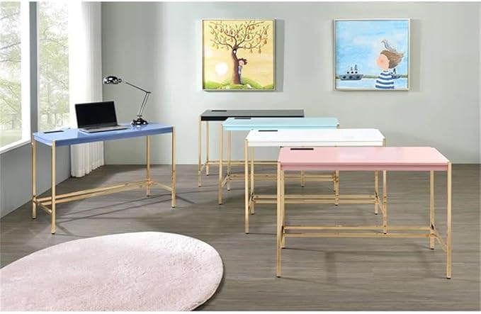 Acme Midriaks Wooden Top Writing Desk with USB Port in Baby Blue and Gold