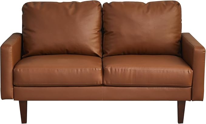 Faux Leather Loveseat Mid-Century Modern Sofa with Wooden Legs for Living Room Office-Brown