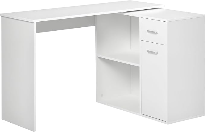 HOMCOM L Shaped Computer Desk 180° Rotating Corner Desk with Storage Shelves Drawer and Cabinet Study Workstation for Home Office White