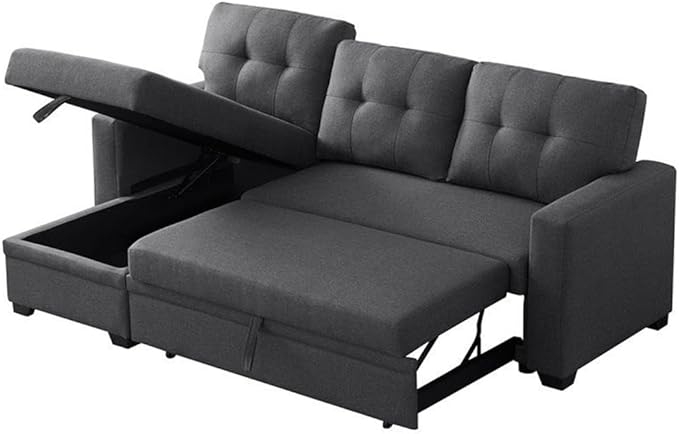 Devion Furniture L-Shaped Polyester Fabric Reversible Easy Convertible Pull-Out Sleeper Sectional Sofa/Storage Chaise with Tufted Back Cushions and Track Arms in Dark Gray