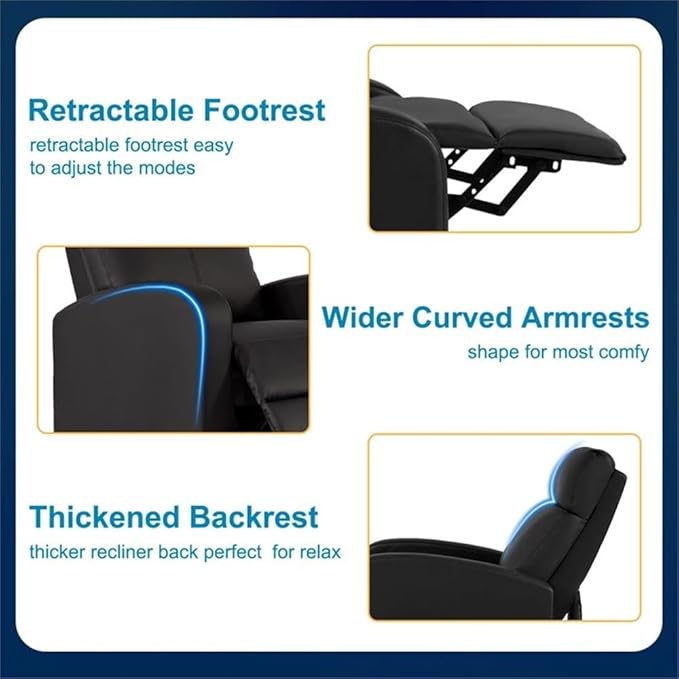 BOWERY HILL Modern Faux Leather Massage Recliner Chair Black Finish 8 Massage Functions Soft Padded Seat and Back Manual Push Back Comfortable Relaxation Living Room Seating Steel Frame