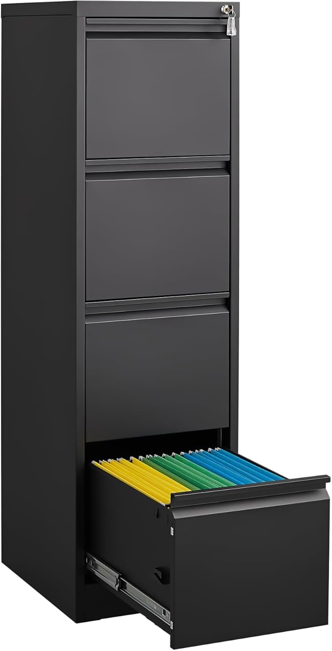 4 Drawer File Cabinet with LockMetal Vertical Filing Storage Cabinet Organizer for Home Office Under Desk Small Locking DrawersAssembly RequiredBlack