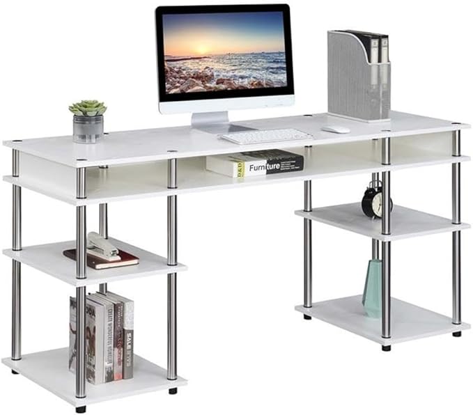 Pemberly Row 60-Inch Deluxe Student Desk with Shelves White Wood Finish Stainless Steel and Particle Board Construction No-Tools Easy Assembly Home Office or Dorm Workspace
