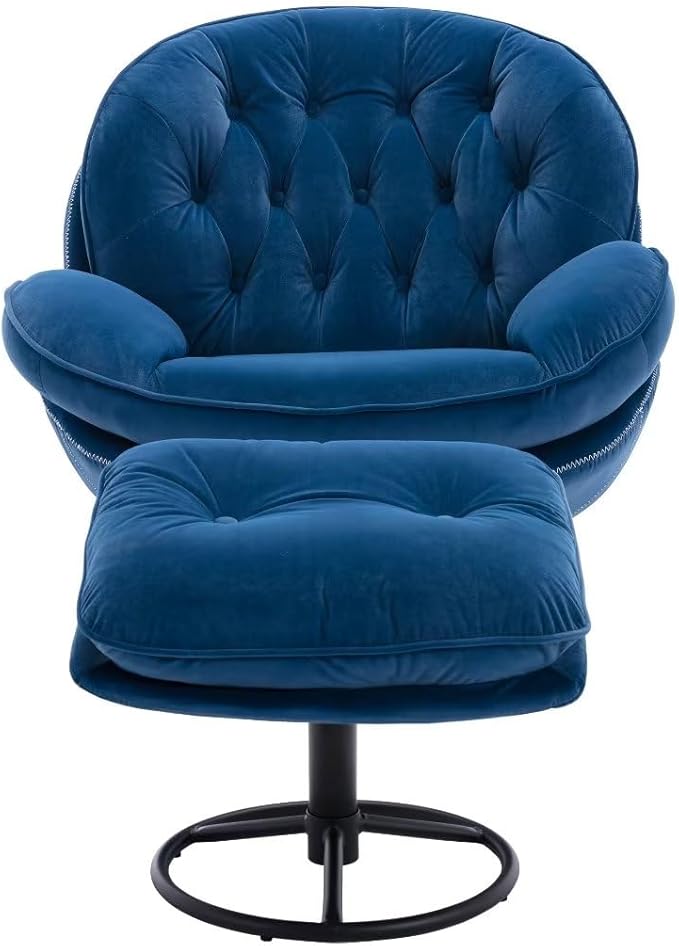 Velvet Swivel Accent Chair with Ottoman Modern Lounge Chair with Metal Base Frame &amp Footrest Comfortable Leisure Single Sofa Chair Reading Chair with 360 Degree Swiveling for Living Room Blue