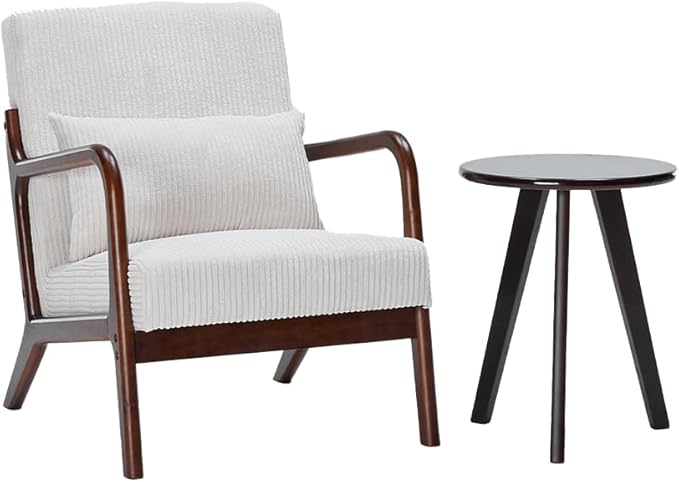 Mid Century Modern Accent Chair with Side Table Upholstered Corduroy Armchair with Lumbar Pillow Solid Rubberwood Frame for Living Room Bedroom Reading Nook White/Walnut