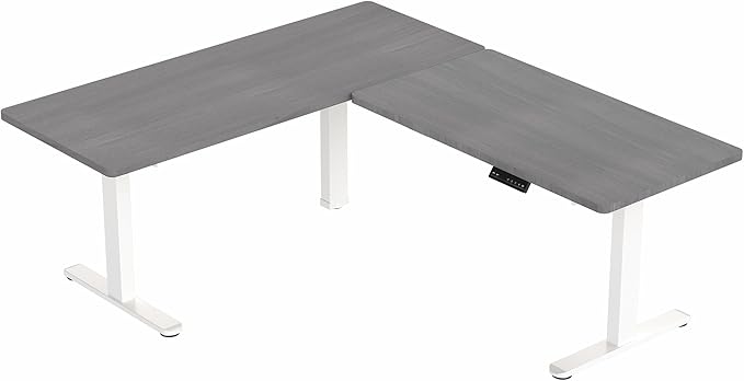 VIVO Electric Height Adjustable 67 x 60 inch Corner Stand Up Desk 2 Dark Gray Solid Table Tops White Frame Memory Controller L-Shaped Workstation 3E Series DESK-KIT-3E6WG