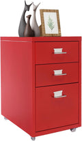 3 Drawers File Cabinet 16 * 11 * 18.9In Aluminum Alloy Mobile Filing Cabinet Rolling Filing Cabinets Rectangular Storage Cabinets with Lock&amp4 Wheels for Kitchen Bedroom Living Room (Red)