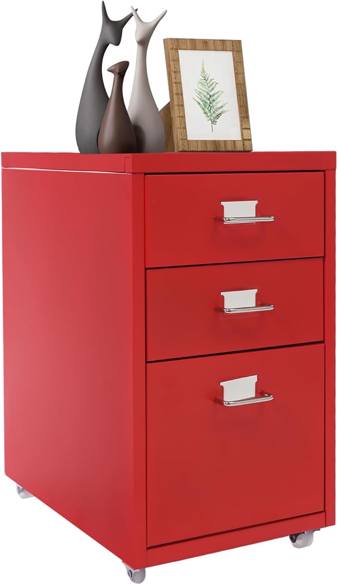 3 Drawers File Cabinet 16 * 11 * 18.9In Aluminum Alloy Mobile Filing Cabinet Rolling Filing Cabinets Rectangular Storage Cabinets with Lock&amp4 Wheels for Kitchen Bedroom Living Room (Red)