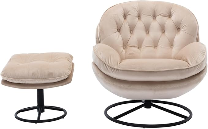 i-POOK Velvet Swivel Chair with Matching Swivel Ottoman Modern Upholstered Accent Chair with Round Black Metal Base and Backrest for Bedroom Living Room and Apartment Beige