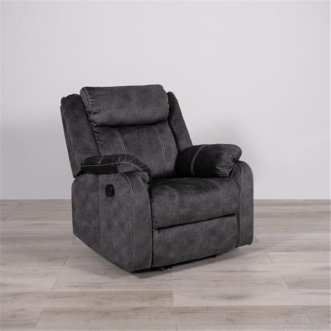 Pemberly Row Contemporary Glider Recliner Gray Soft Microfiber Fabric Manual Recline Plush Pillow Arms and Padded Footrest Suede-Like Material Contrast Stitching Comfortable Living Room Chair