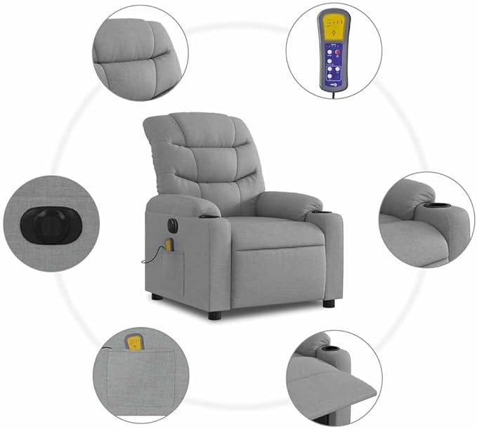 Electric Massage Recliner Chair Light Grey Polyester Fabric Metal Plywood Adjustable Living Room Comfy Relaxation