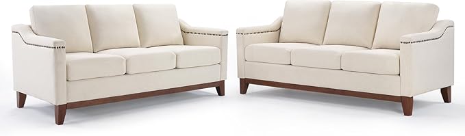 Classic 3-Seater Sofa Set of 2 with Nailhead Trim High-Density Foam Cushions &amp Sturdy Solid Wood Legs Soft Fabric Couch for Living Room Beige