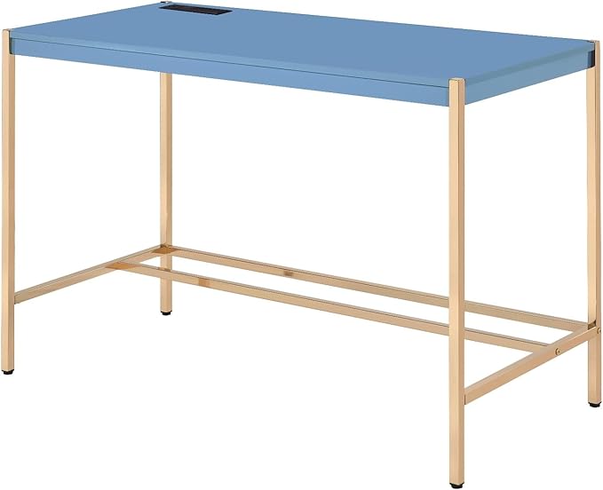 Penau Navy Blue and Gold Writing Desk Modern Office Desk with USB Ports Glossy Finish Rectangular Design 42.5In x 20.5In