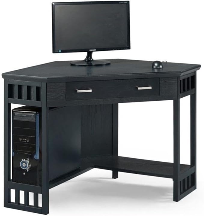 Leick Home 83430 Corner Computer/Writing Desk with Center Keyboard Drawer and Shelf Black Oak