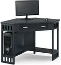 BOWERY HILL Solid Wood Corner Computer Desk Black Finish 30.25 H x 30.25 W x 48 D Space-Saving Design Pull-Out Drawer Lower Shelf Cord Management Home Office Desk for Laptops or Desktop Use