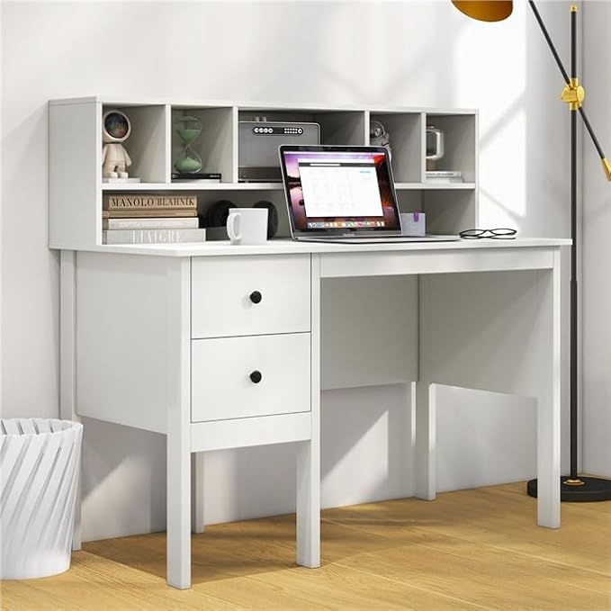 LDAILY Modern Home Office Desk with Hutch Office Desk with USB Charging Ports and Power Outlets Computer Desk with 5 Storage Cubbies and 2 Drawers Writing Study Desk for Bedroom (White)