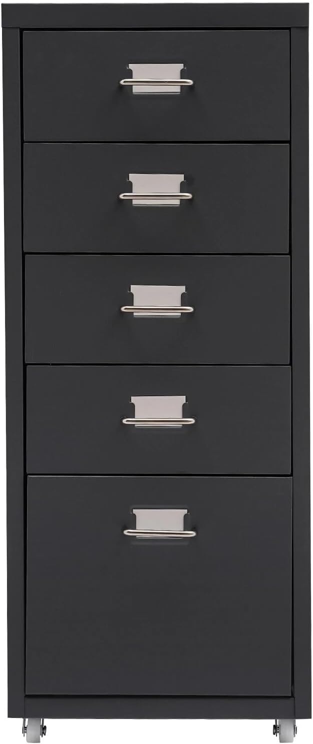 5-Drawer File Cabinet Office Filing Cabinet Stand Storage Organizer with Wheels Freestanding Rolling Storage Dresser Mutifuctional Tool Organizer for Kitchen Bedroom Living Room (Black)