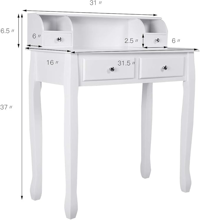 GOFLAME Writing Desk Large Storage Space with 4 Drawers Secretary Table Computer Desk Writing Table with Detachable Tabletop Organizer Suit for Home and Office Use (White)