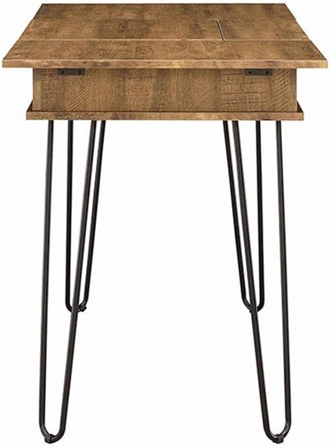 Stonecroft Cabrini Storage Writing Desk 47.25 in Wide Rustic Amber and Black Finish MDF and Metal Construction Built-in Power Outlet 4 Storage Compartments Mid-Century Modern Office Desk