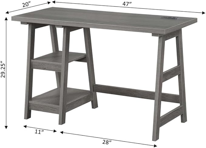 Pemberly Row Trestle Desk with Charging Station 47 x 20 x 29.25 in Particle Board and MDF Gray Wood Finish 2 Shelves 2 USB Ports 2 Plug Outlets Contemporary Home Office Desk