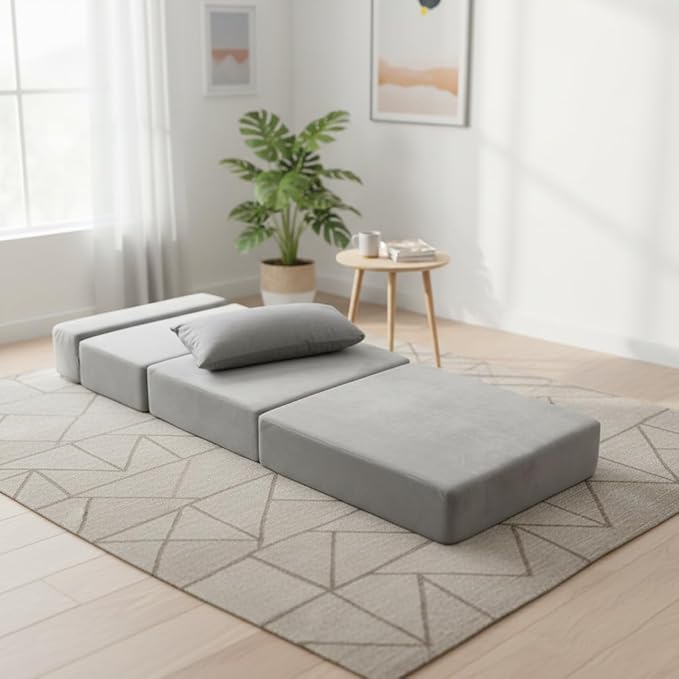 Folding Sofa Bed Convertible Sleeper Chair with Pillow Foldable Mattress &amp Back Support Portable Floor Lounger Futon for Apartment Dorm Living Room Bedroom Grey