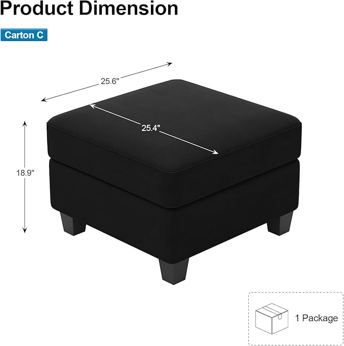 Belffin Modular Sofa Storage Ottoman Module for Velvet Piping Modular Sectoinal Couch Square Ottoman Footrest Black