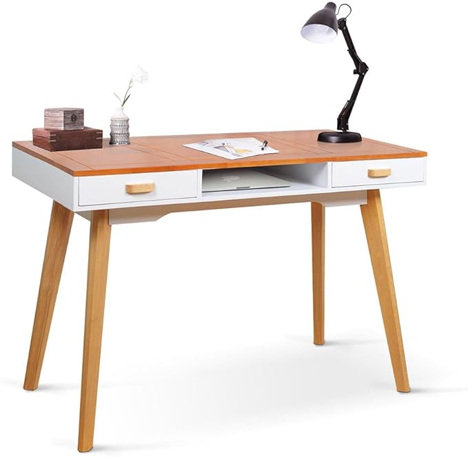 Mid Century Desk Modern Simple Style Writing Study Desk with 2 Drawers and Solid Wood Legs Home Office Desk Computer Desk for Small Space Multifunctional Vanity Table Desk