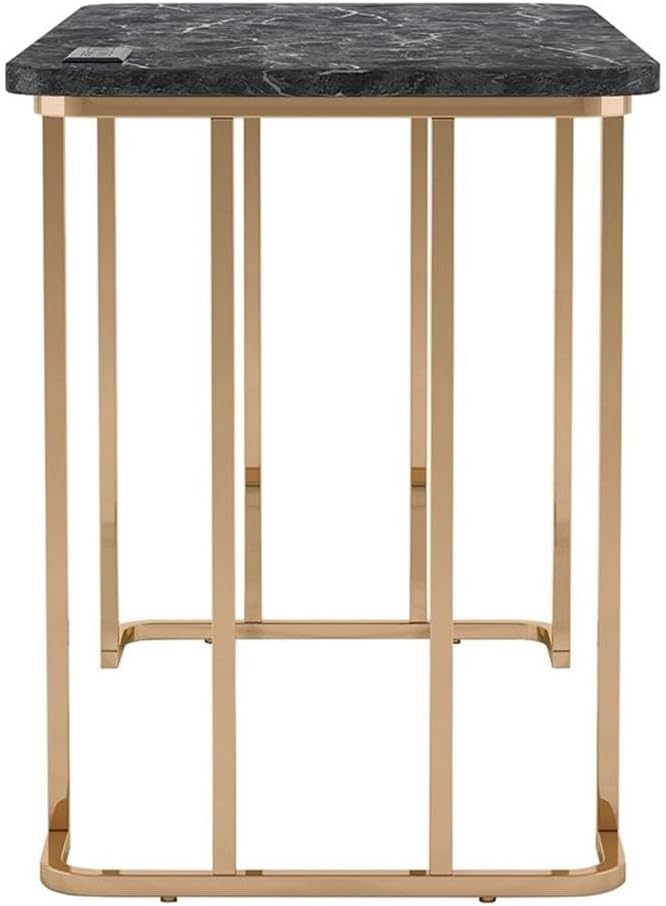 Bowery Hill Contemporary Metal Writing Desk 47.25W x 23.63D x 30.5H Steel and MDF Black and Gold Finish Rounded Corners Built-in USB Power Strip Faux Marble Top Home Office or Bedroom Desk