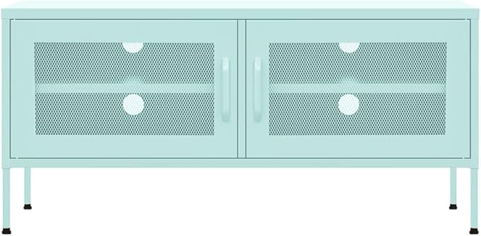 vidaXL Industrial Steel TV Stand/Cabinet in Mint Green - Durable Practical Design 41.3x13.8x19.7 inches Mesh Doors Internal Shelf Cable Management System Height Adjustable