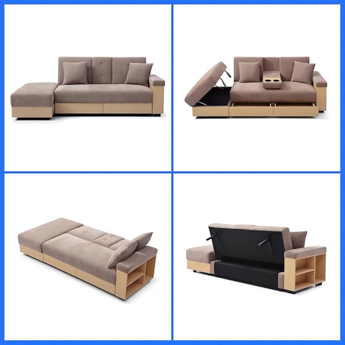Sofa 84.65 Convertible Sofa Bed with Storage Ottoman Adjustable Armrest &amp Coffee Table - Perfect for Small Apartments 2 Drawers Soft Cotton Linen Fabric Solid Wood FrameLight Brown