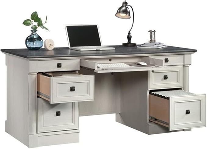 Sauder Palladia Office Desk with Drawers Executive Desk with File Cabinet Storage Cable Management Keyboard Tray in Glacier Oak Finish