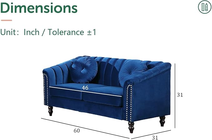 Chesterfield Loveseat Couch 60 Inch Luxurious Velvet Modern Love Seat Chesterfield Settee Sofa Upholstered Rolled Arm with Rivets/2 Button Tufted Pillow 2 Seater Sofa for Living RoomBlue