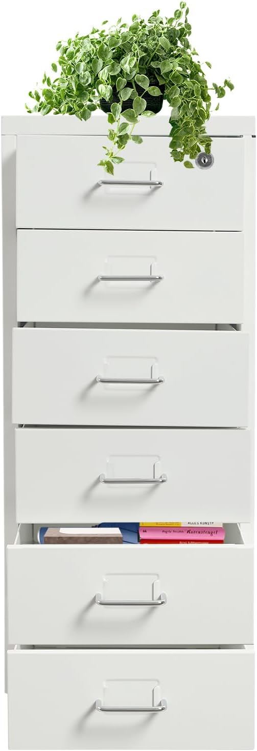 6-Drawer Vertical File Cabinet with Lock Metal Filing Cabinet Mobile Rolling Storage for Legal/Letter/A4 Files Cold-Rolled Steel Construction 17.64-22.05 lbs/Drawer (White)