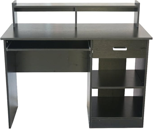 Home Office Desk - Computer Desk with Keyboard Tray - Study Table and Writing Desk with Storage - Wood Teacher Desk - Gaming Desk and Executive Desk with Drawer and Shelves for Small Spaces - Black