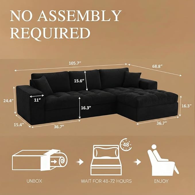 105 Convertible Sectional Couch with L-Shape Chaise Modern Modular Sofa with Deep Seat 3-Seater Comfy Cloud Couches (Black Cloudy Couch with Right Facing Chaise)