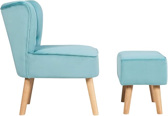 Giantex Velvet Accent Chair with Ottoman Modern Tufted Upholstered Chair with Footrest Firm Wood Legs Leisure Single Club Chair Set for Living Reading Room Bedroom (Turquoise)