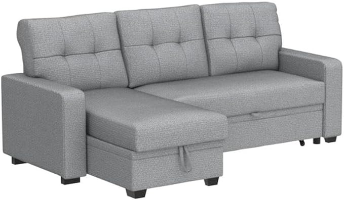 Devion Furniture L-Shaped Polyester Fabric Reversible Easy Convertible Pull-Out Sleeper Sectional Sofa/Storage Chaise with Tufted Back Cushions and Track Arms in Light Gray