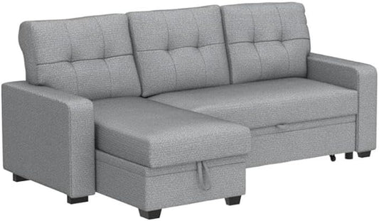 Devion Furniture L-Shaped Polyester Fabric Reversible Easy Convertible Pull-Out Sleeper Sectional Sofa/Storage Chaise with Tufted Back Cushions and Track Arms in Light Gray