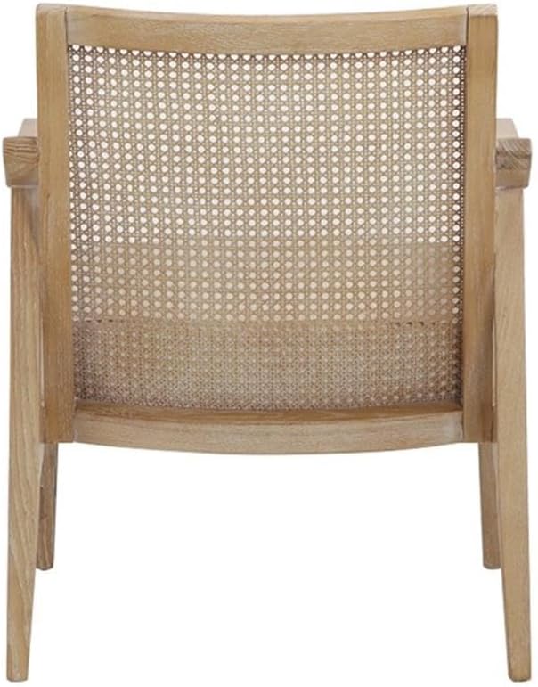 Pemberly Row Contemporary Lounge Chair Bone Boucle Fabric Oak Wood Finish Modern Cane Armchair Minimalist Accent Chair for Living Room or Bedroom Use