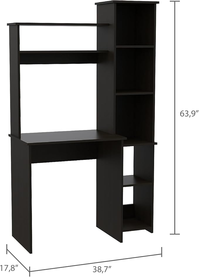Penau Black Wengue 6-Shelf Writing Desk with Built-in Bookcase Modern Study Furniture for Home Office Durable Particle Board Construction