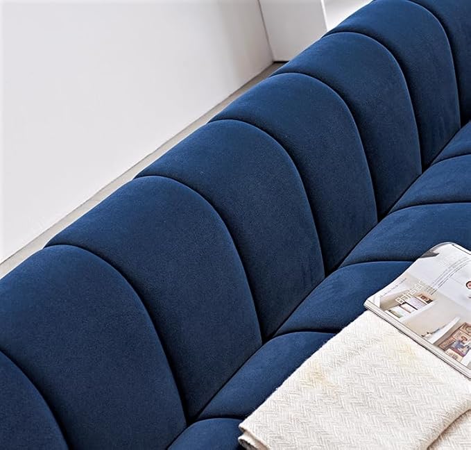Art Deco Velvet Sofa with Tufted Low Back Design Sophisticated 3 Seater Couch for Living Rooms 89 Inch Wide Easy Assembly Blue