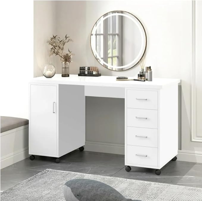 Computer Desk Writing Desk with Lockable WheelsModern Wood Study Desk with 4 Drawers for Home Office Workstation (White)