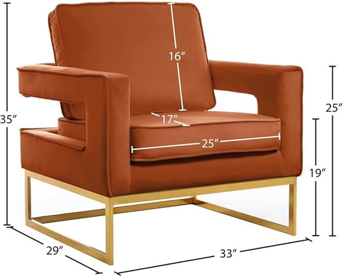 Pemberly Row Modern Velvet Accent Chair 33.5 W x 29.5 D x 35.5 H Cognac Upholstery Gold Stainless Steel Base High-Density Foam Cushion Solid Wood Frame Contemporary Design for Living Room or