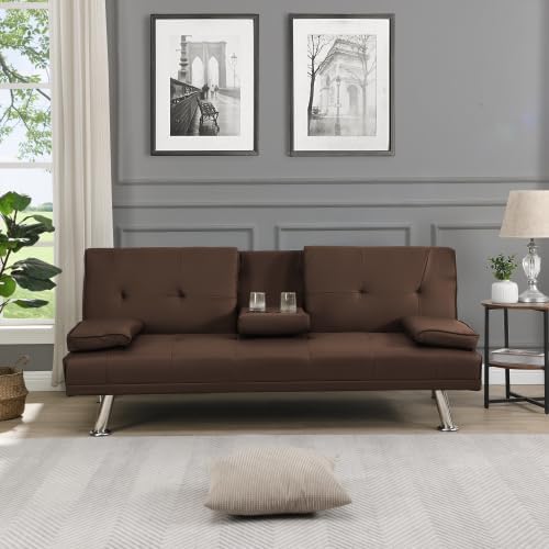Convertible Folding Futon Sofa Bed with Metal Legs &amp 2 Cupholders Modern New Upholstered Couch Loveseat Sleeper Folding Couches Bed Removable Armrests for Small Spaces (Brown)